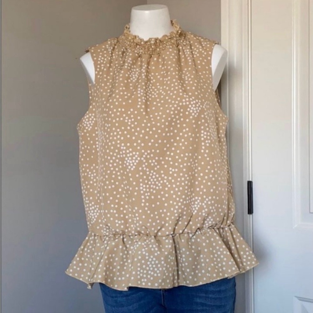 Polka Dot Ruffle Hem Sleeveless Top - Tan